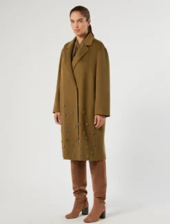Cappotto in double di lana con ricamo - VERDE KAKI