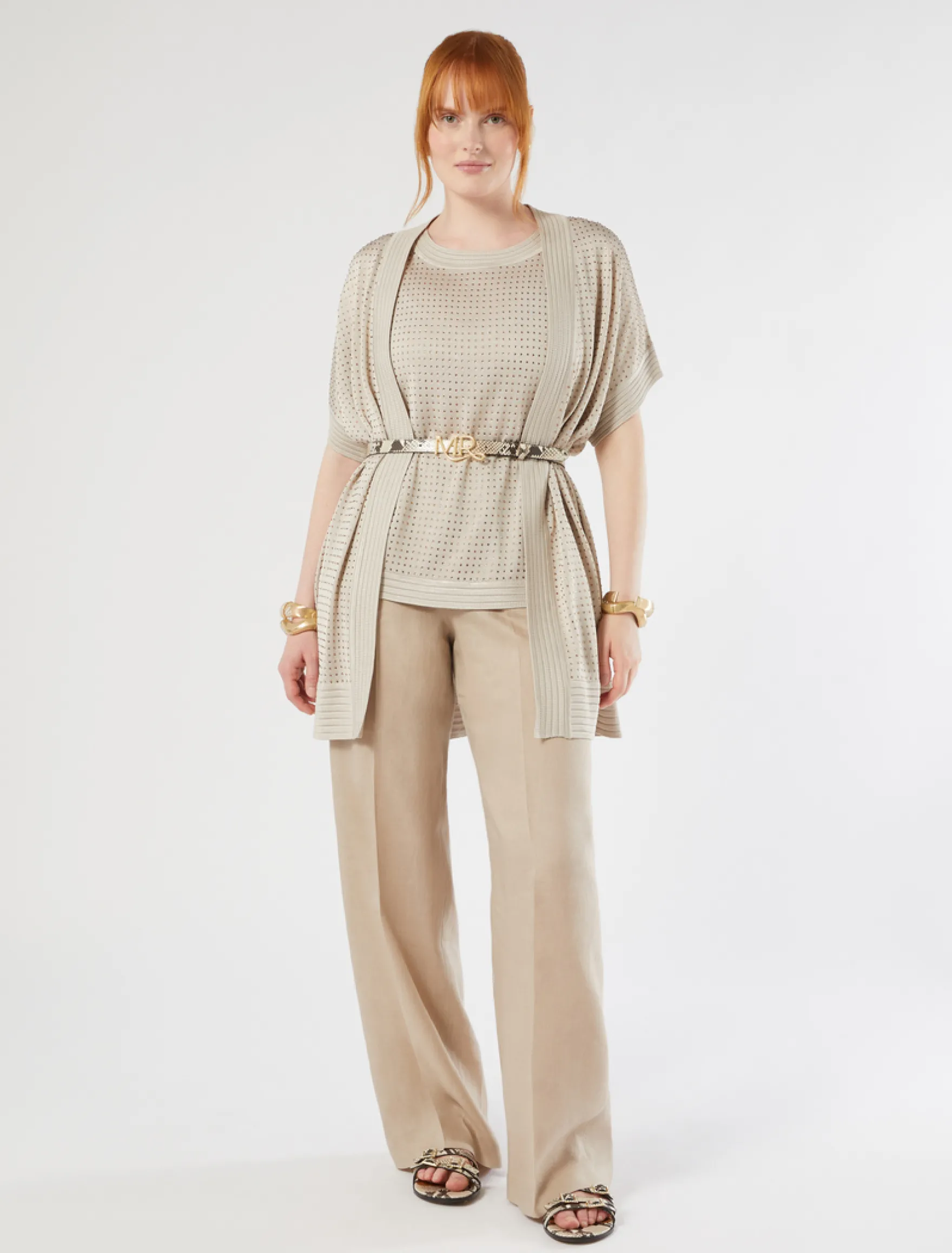 Cardigan e top in maglia con strass - BEIGE
