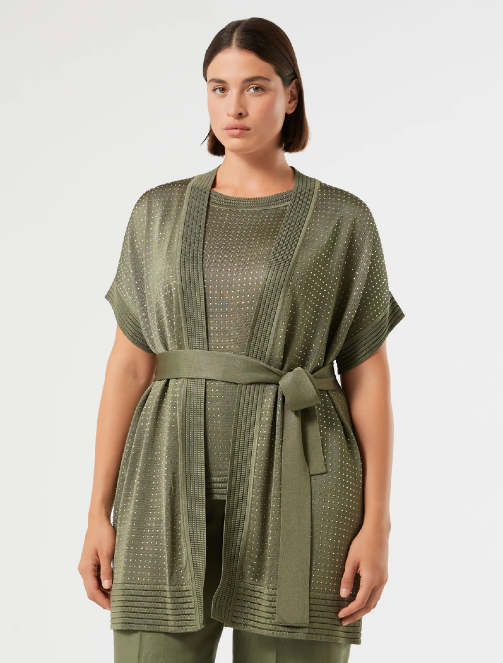 Cardigan e top in maglia con strass - VERDE KAKI