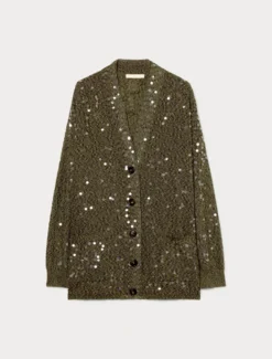 Cardigan in filato bouclé con paillettes - VERDE KAKI