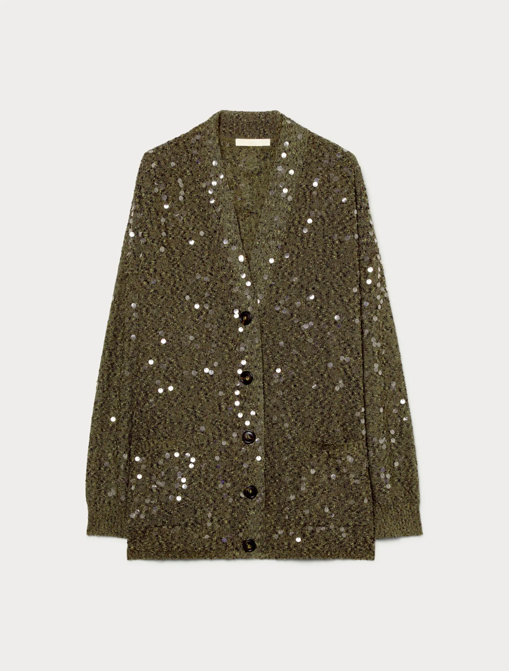 Cardigan in filato bouclé con paillettes - VERDE KAKI