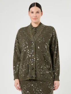 Cardigan in filato bouclé con paillettes - VERDE KAKI