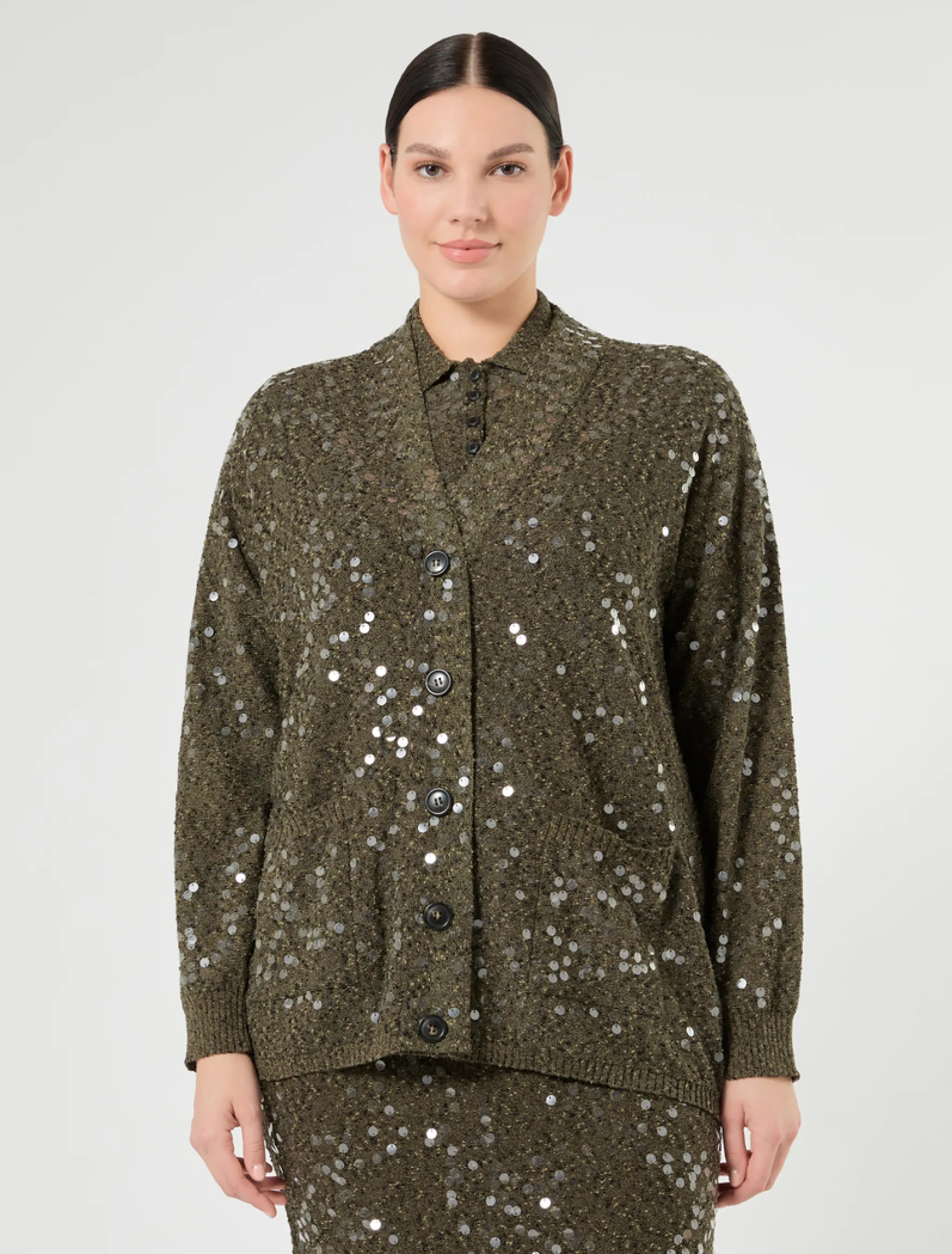 Cardigan in filato bouclé con paillettes - VERDE KAKI