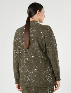 Cardigan in filato bouclé con paillettes - VERDE KAKI