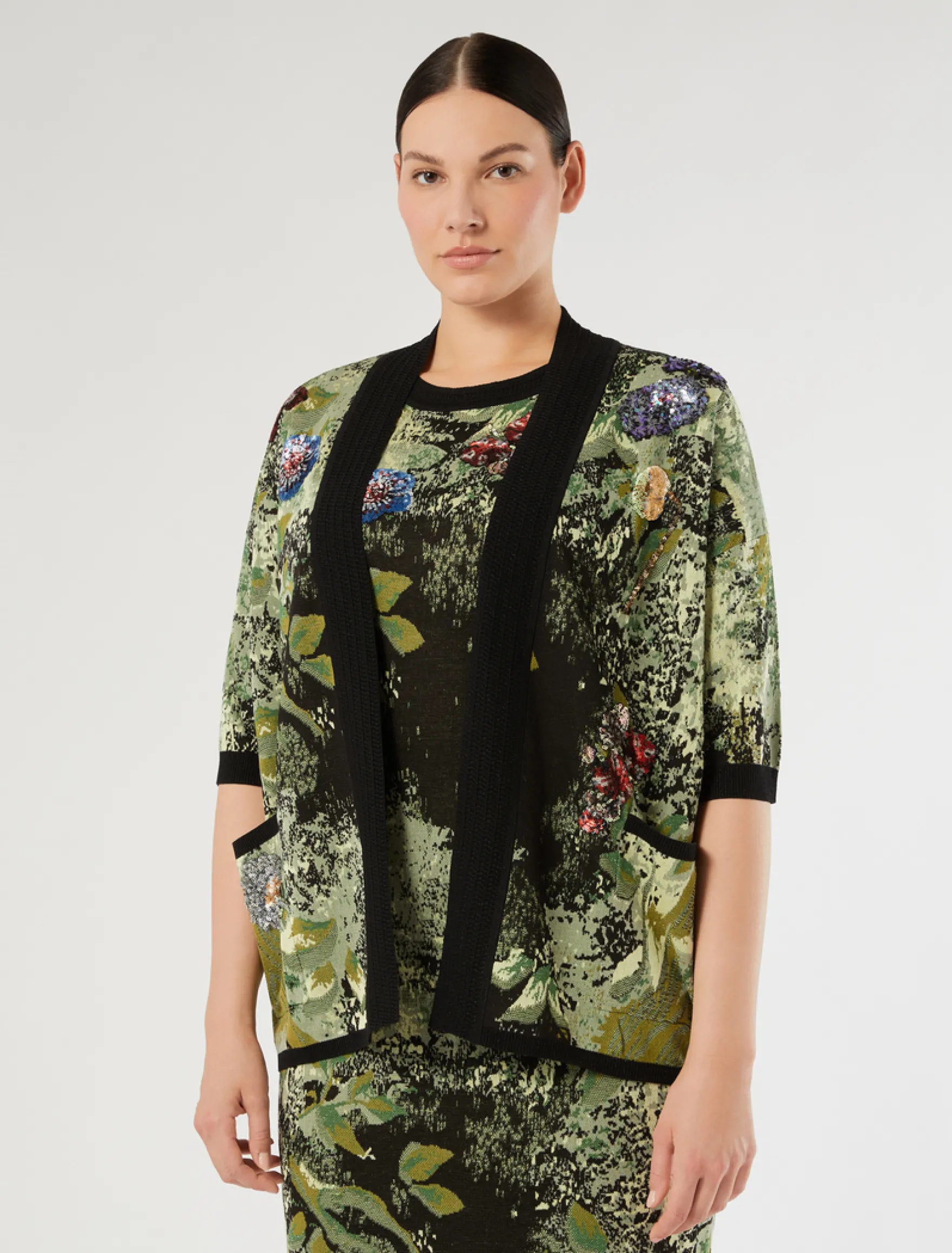 Cardigan jacquard con ricamo - NERO