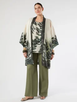 Casacca a kimono in tela di lino - VERDE OLIVA