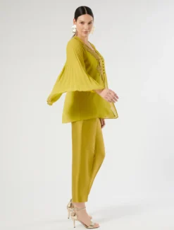 Casacca in crêpe georgette con macramè - VERDE OLIVA
