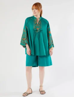 Casacca in raso di cotone con ricamo - VERDE