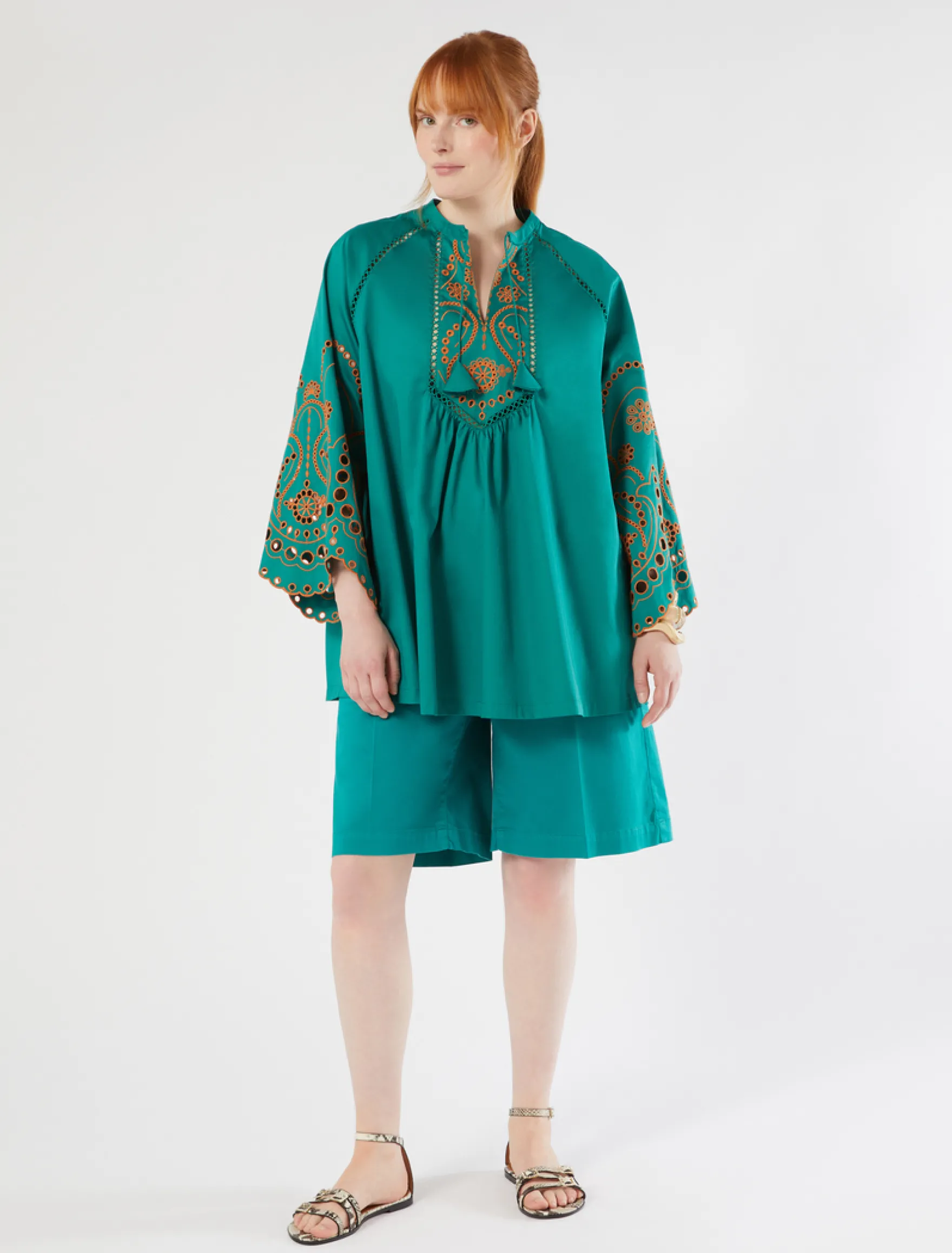 Casacca in raso di cotone con ricamo - VERDE