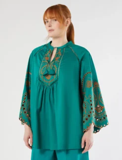 Casacca in raso di cotone con ricamo - VERDE