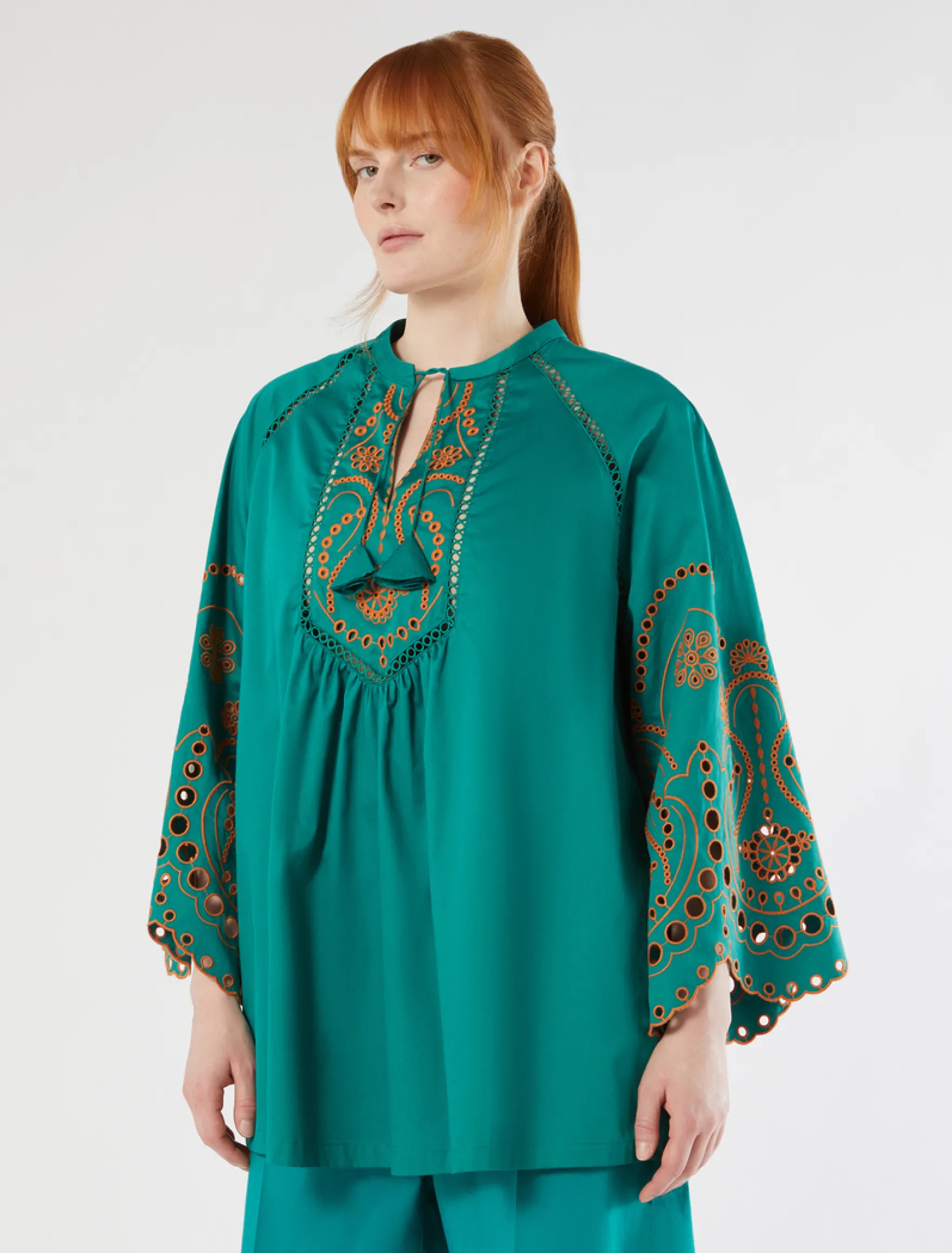 Casacca in raso di cotone con ricamo - VERDE