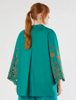 Casacca in raso di cotone con ricamo - VERDE