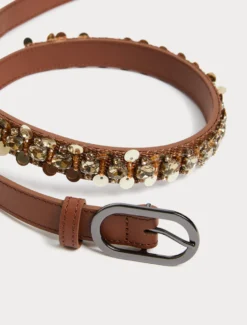 Cintura in pelle con ricamo - CUOIO