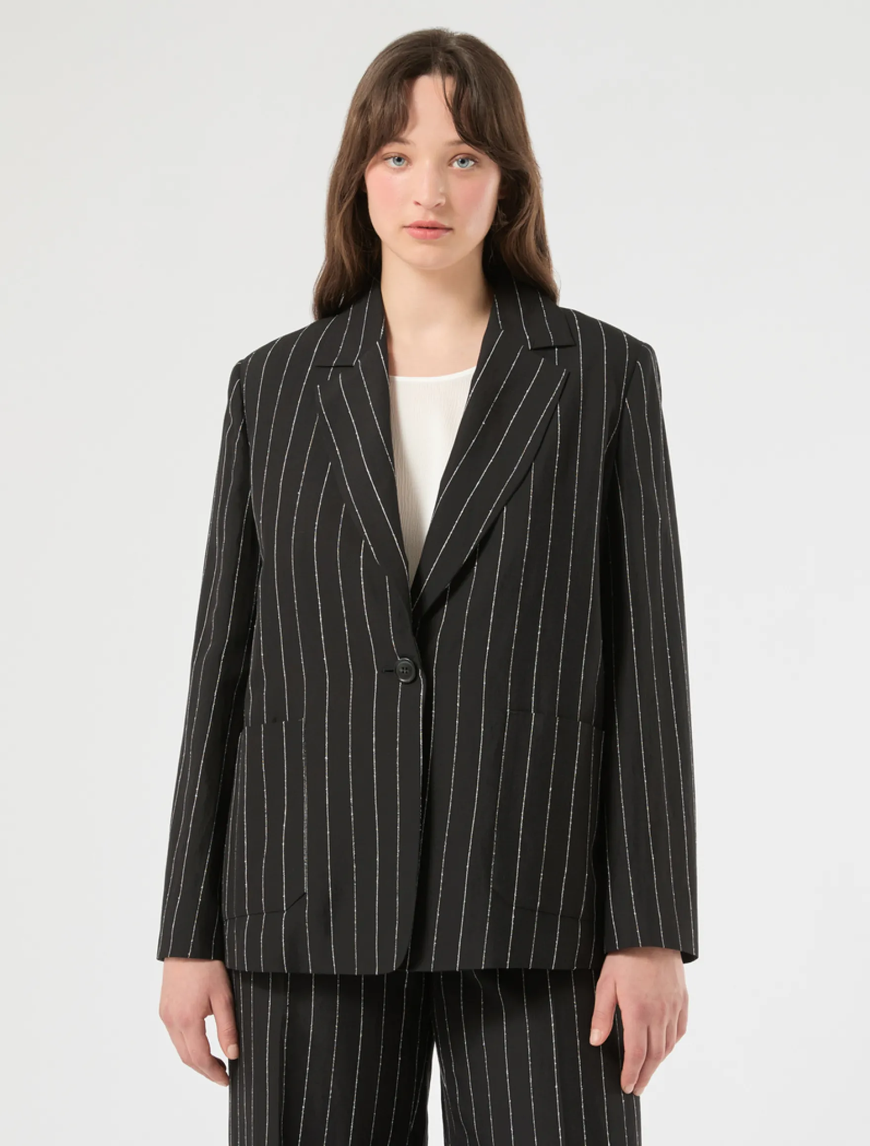 Giacca blazer in lino gessato - NERO