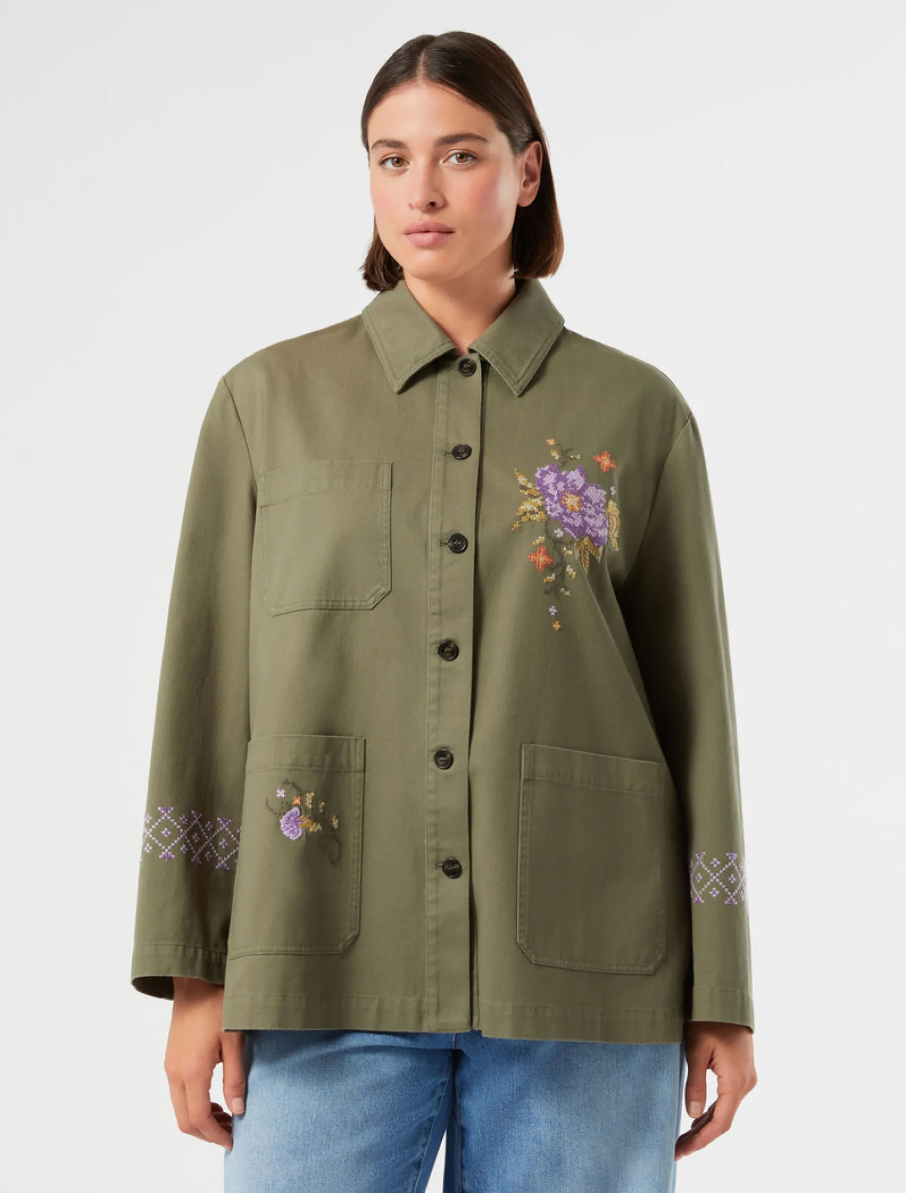 Giacca in gabardina con ricami - VERDE OLIVA