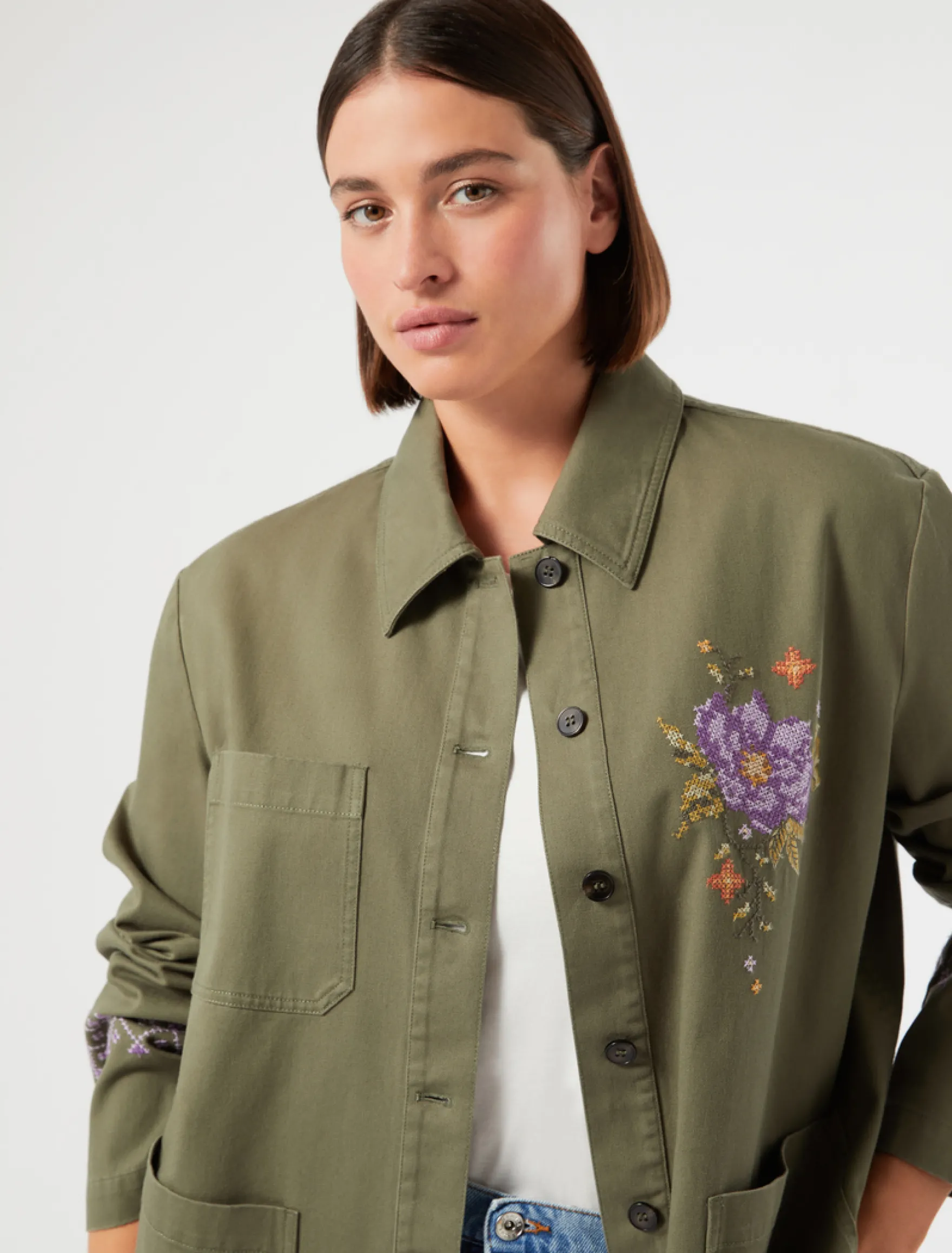 Giacca in gabardina con ricami - VERDE OLIVA