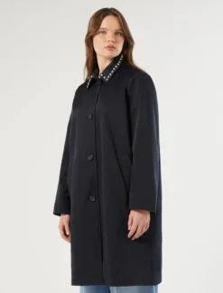 Impermeabile in gabardina antigoccia con ricamo - BLU NOTTE