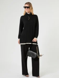 Maglia in lana e cachemire con collo - NERO BIANCO