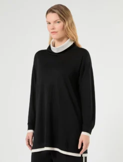 Maglia in lana e cachemire con collo - NERO BIANCO