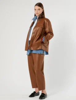Pantaloni in jersey spalmato - CUOIO