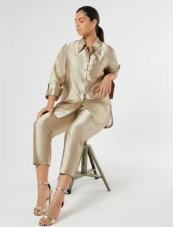 Pantaloni in shantung di seta - NOCCIOLA