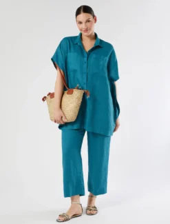 Pantaloni in tela di lino - TURCHESE