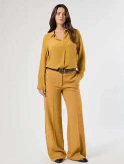 Pantaloni wide leg in stuoia mélange - SENAPE