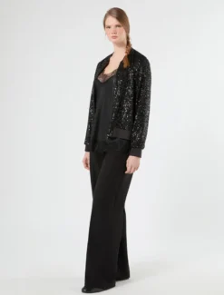 Pantaloni wide leg in tessuto diagonale - NERO