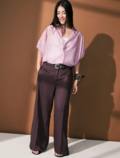 Pantaloni wide leg in twill - PRUGNA
