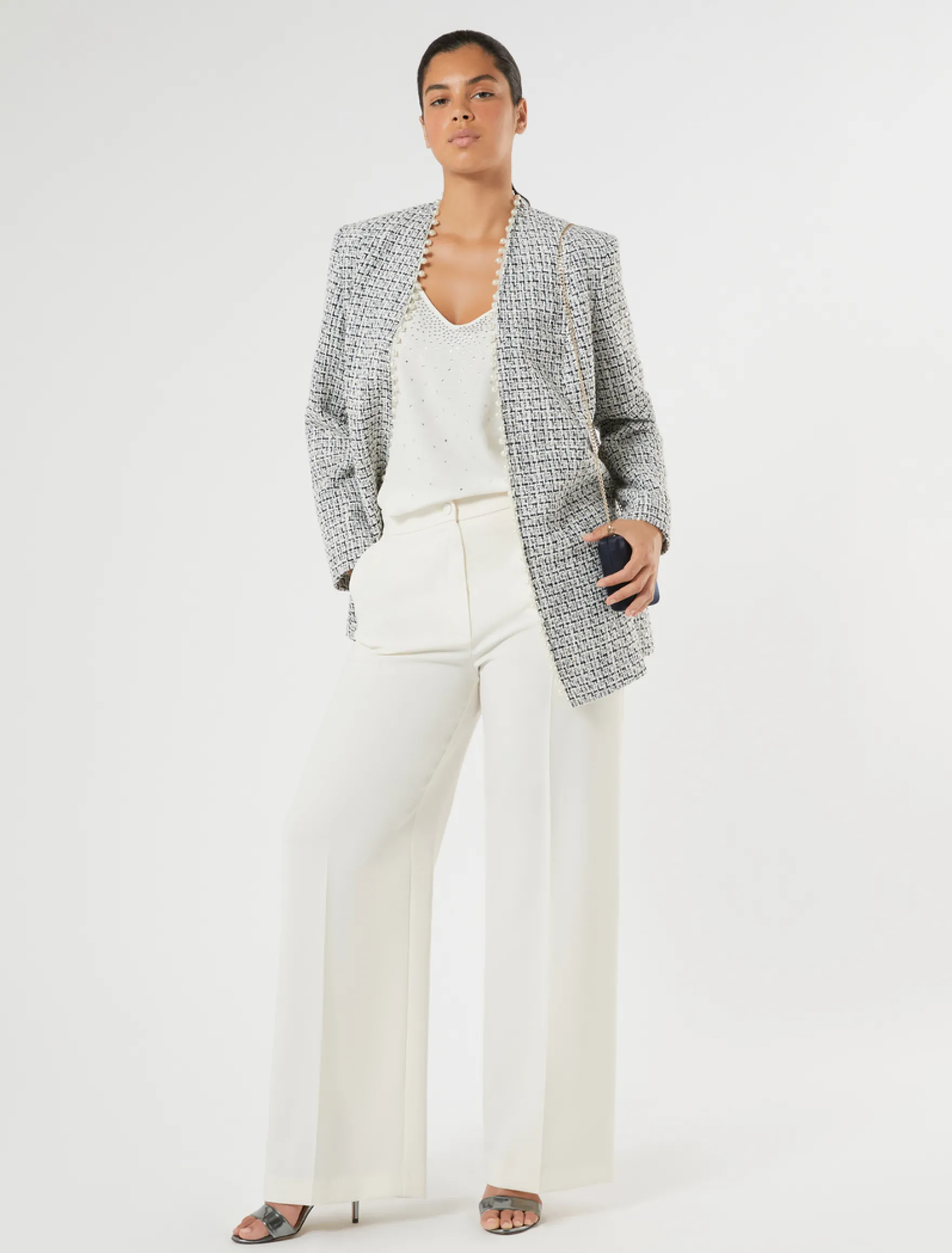 Top in crêpe de Chine con strass - BIANCO AVORIO