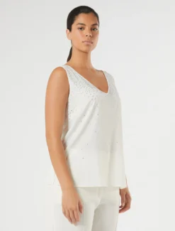 Top in crêpe de Chine con strass - BIANCO AVORIO