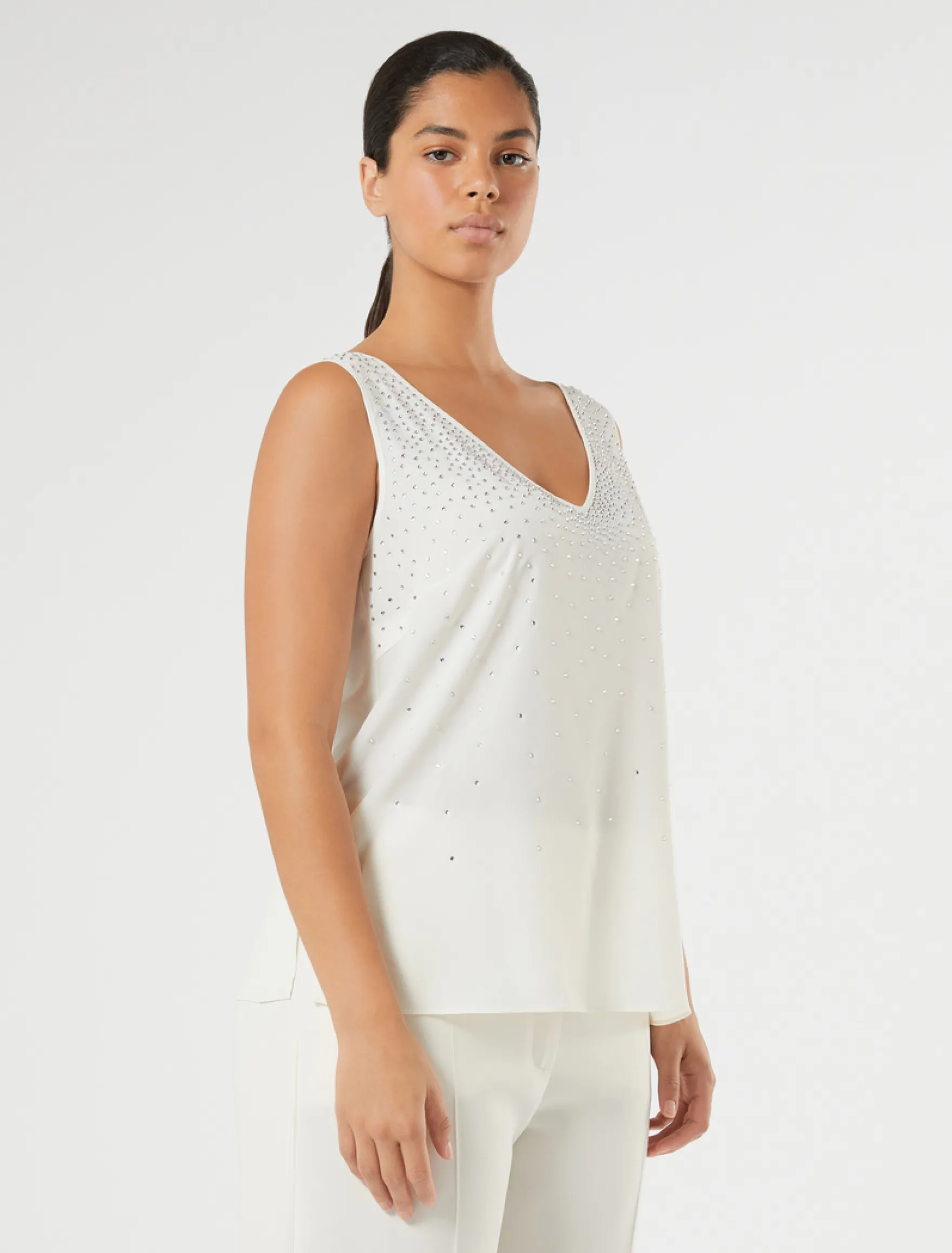 Top in crêpe de Chine con strass - BIANCO AVORIO