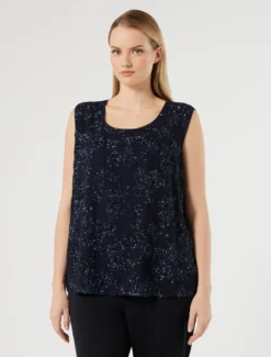 Top in georgette e chiffon con ricamo - BLU NOTTE