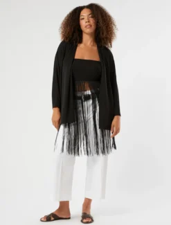 Top in jersey interlock con frange - NERO