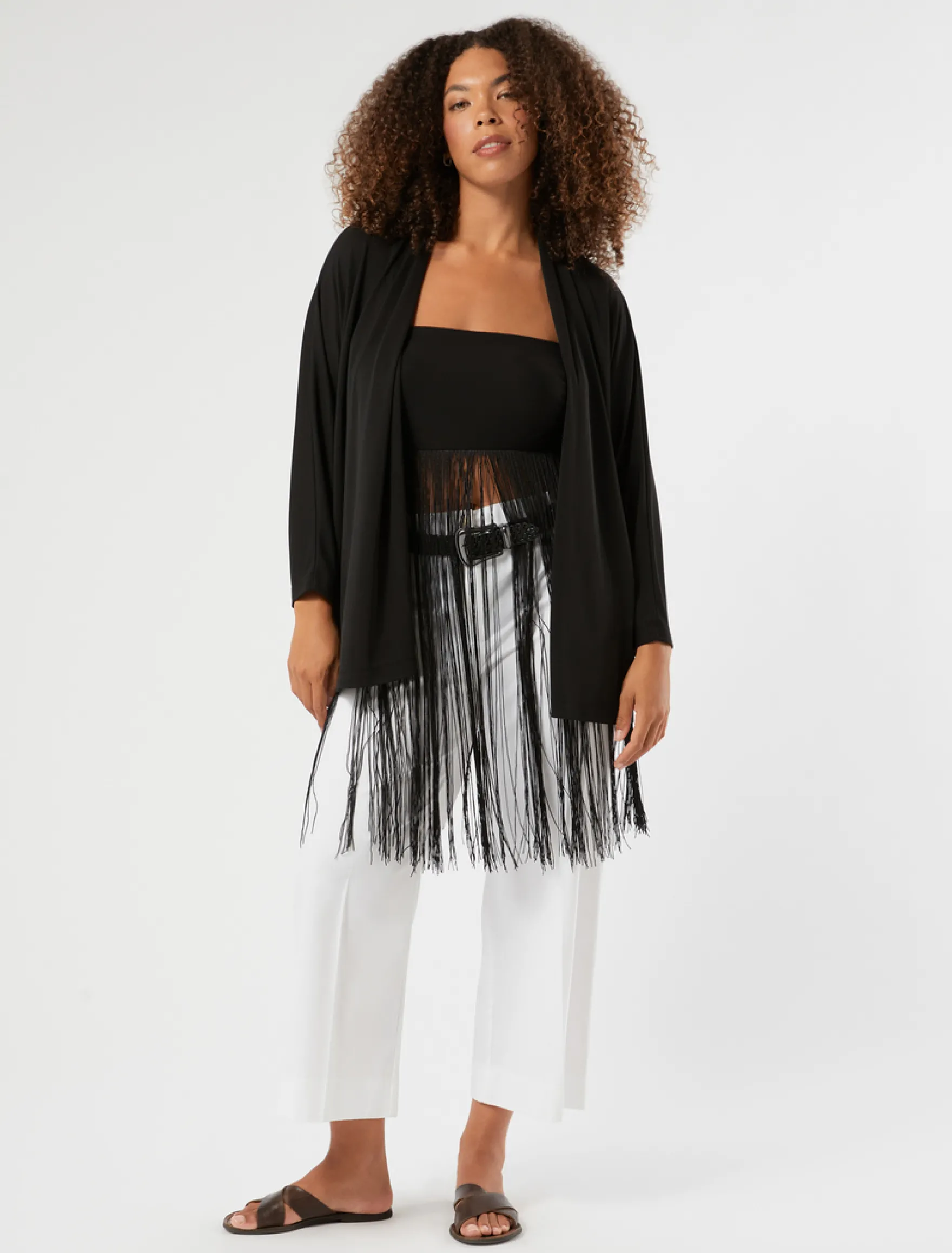 Top in jersey interlock con frange - NERO