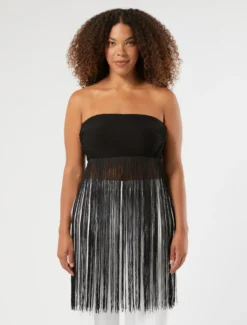 Top in jersey interlock con frange - NERO