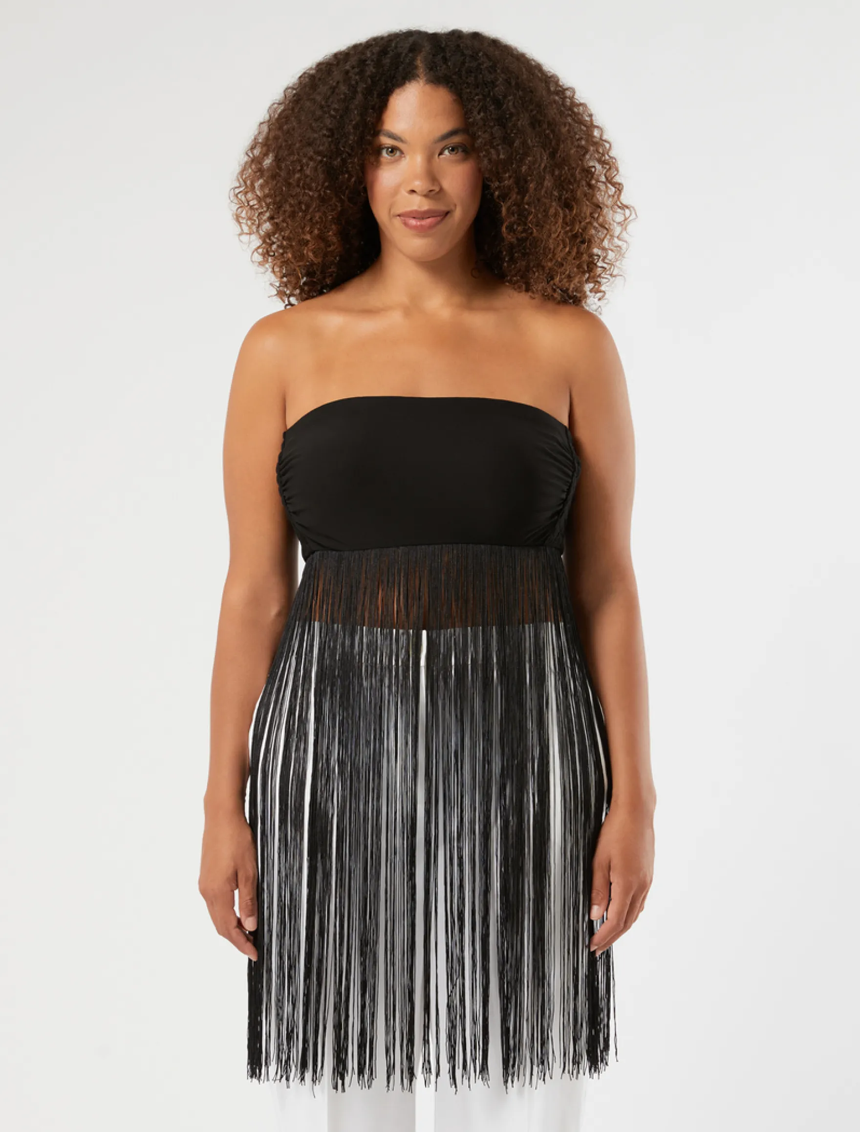 Top in jersey interlock con frange - NERO