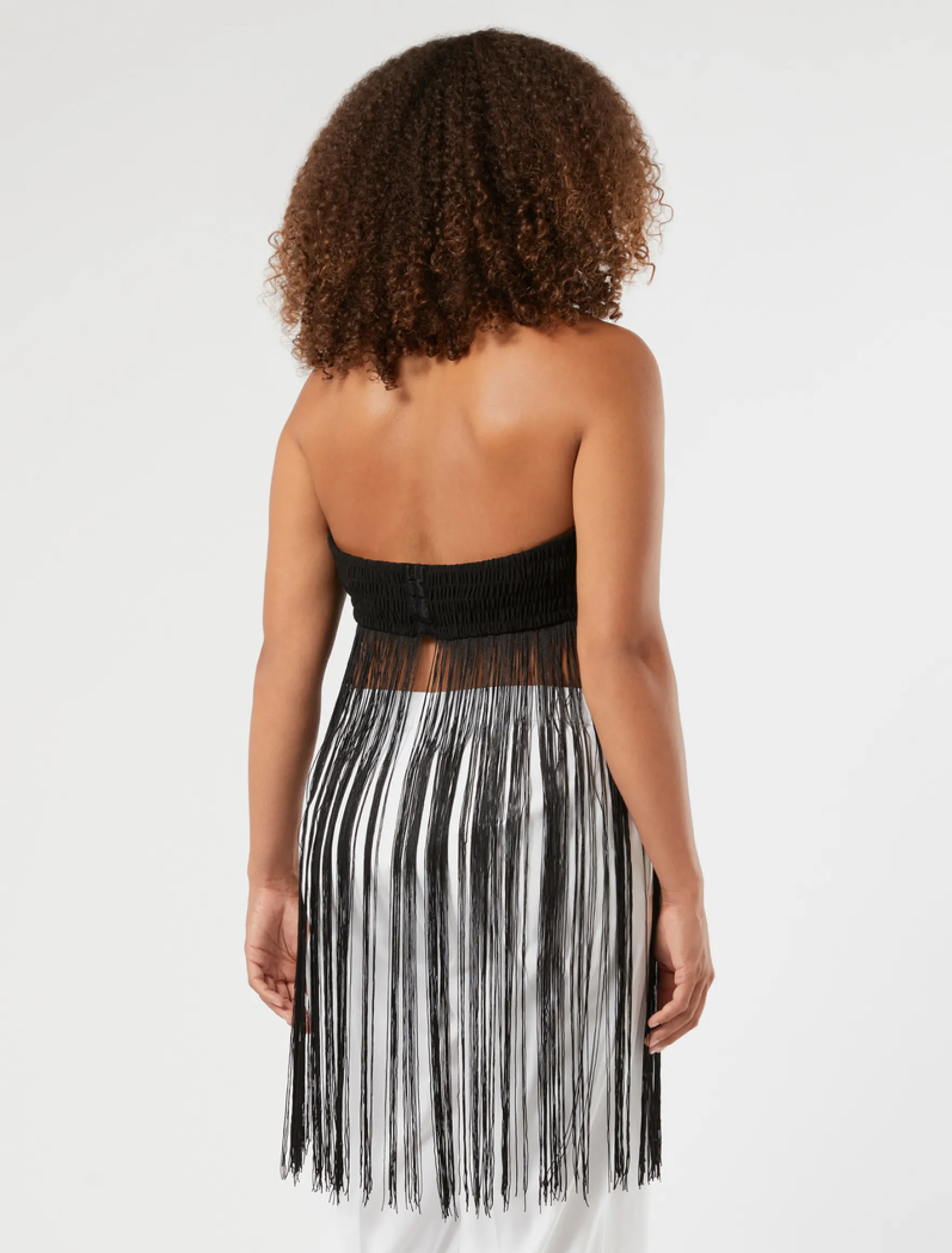 Top in jersey interlock con frange - NERO