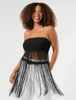Top in jersey interlock con frange - NERO