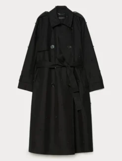 Trench in twill con ricami - NERO