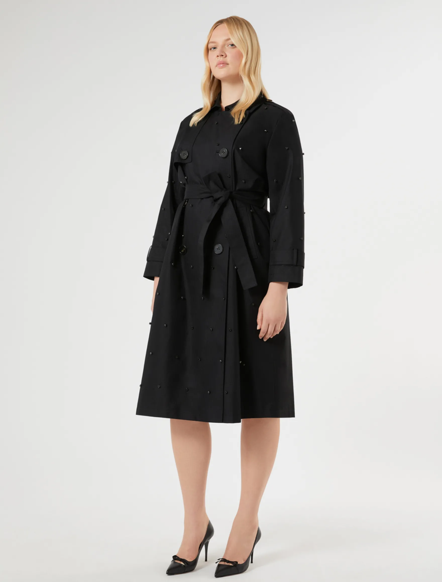 Trench in twill con ricami - NERO