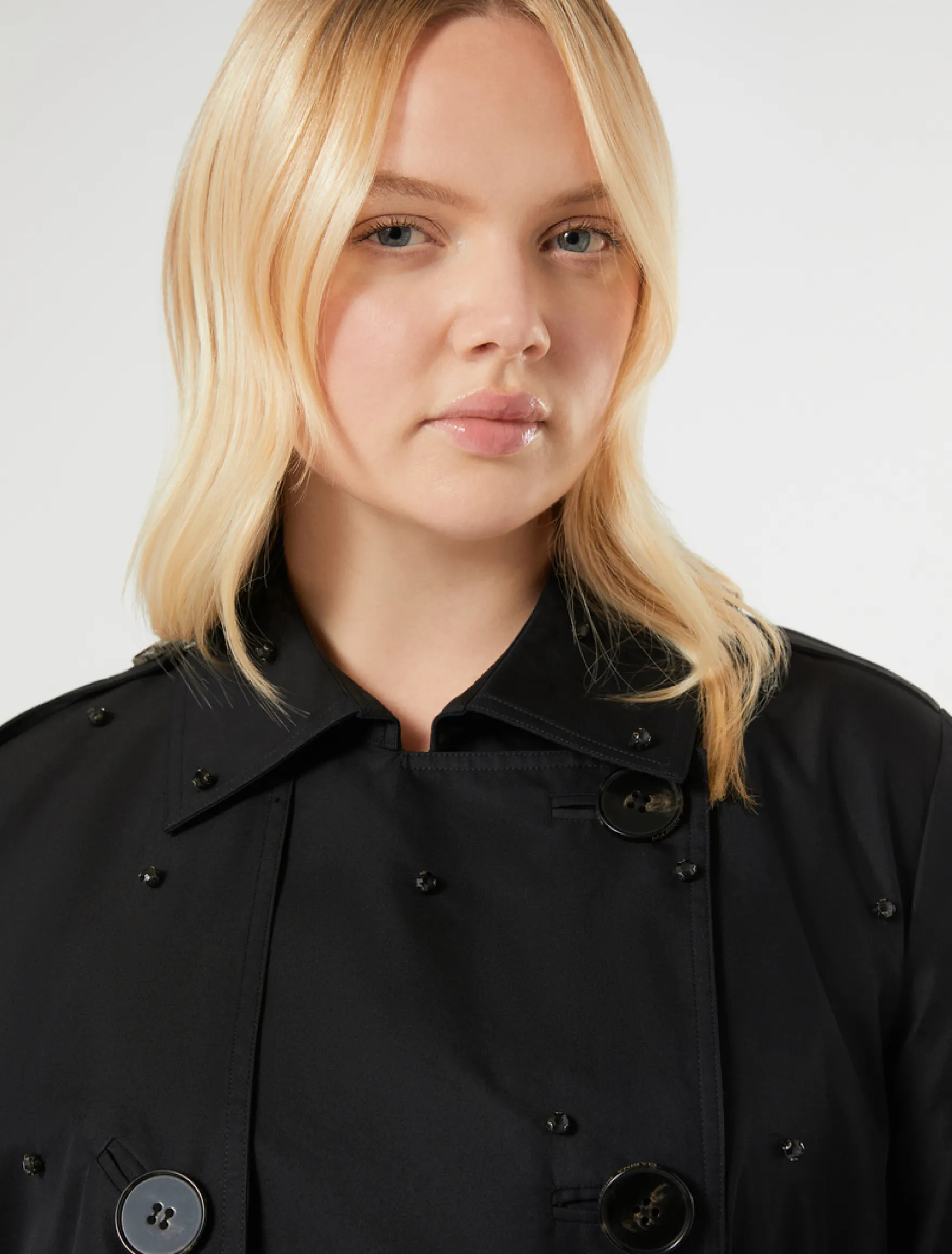 Trench in twill con ricami - NERO