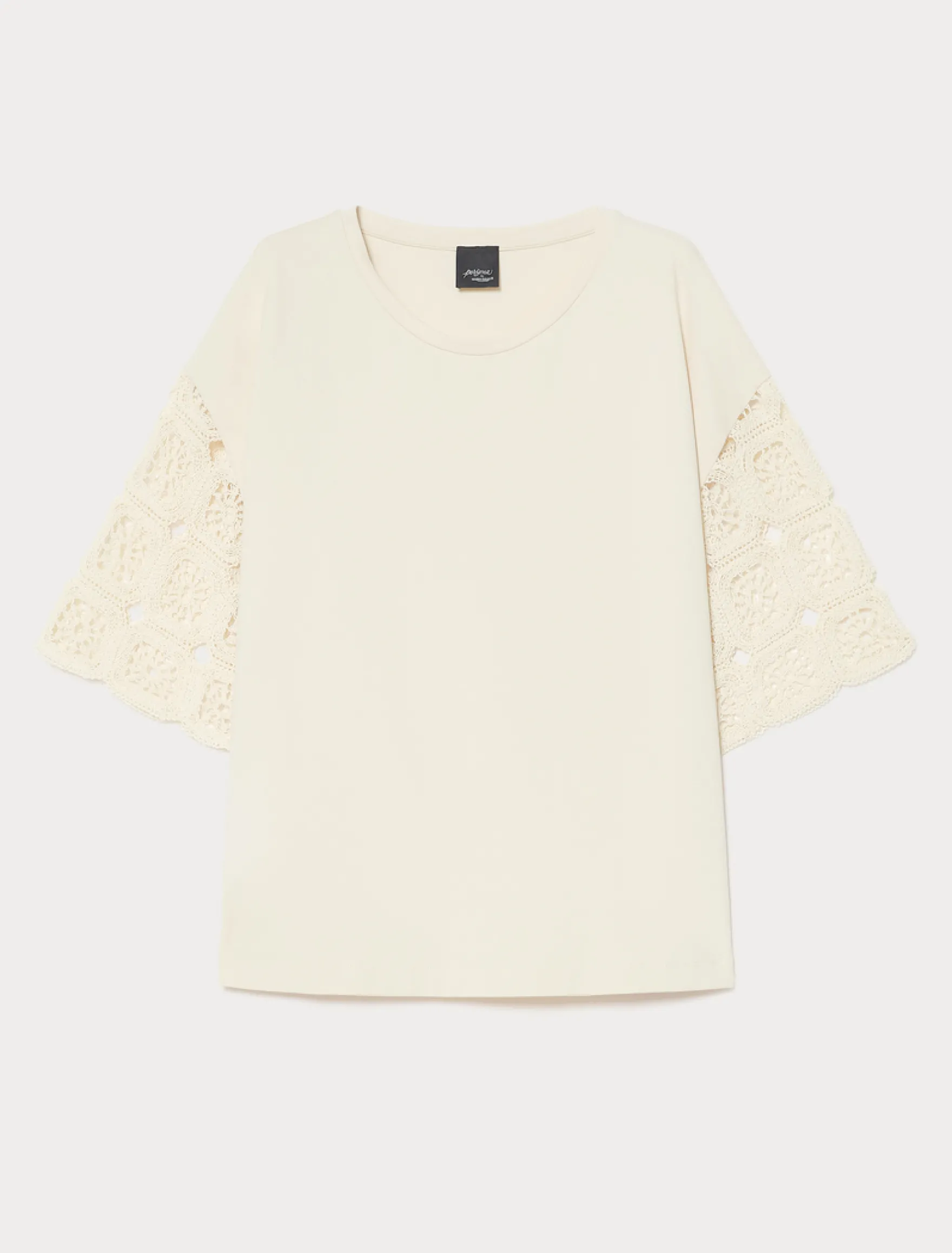 T-shirt in jersey di cotone e crochet - ECRU