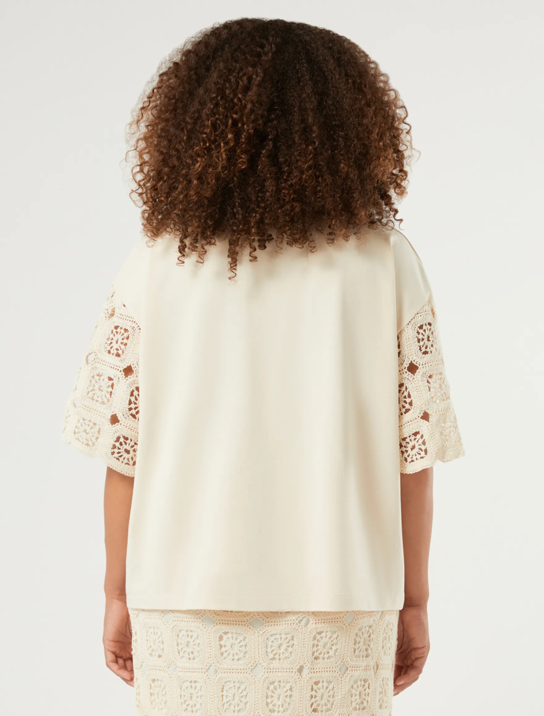 T-shirt in jersey di cotone e crochet - ECRU