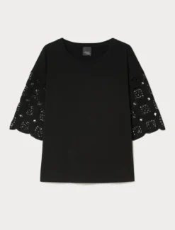 T-shirt in jersey di cotone e crochet - NERO