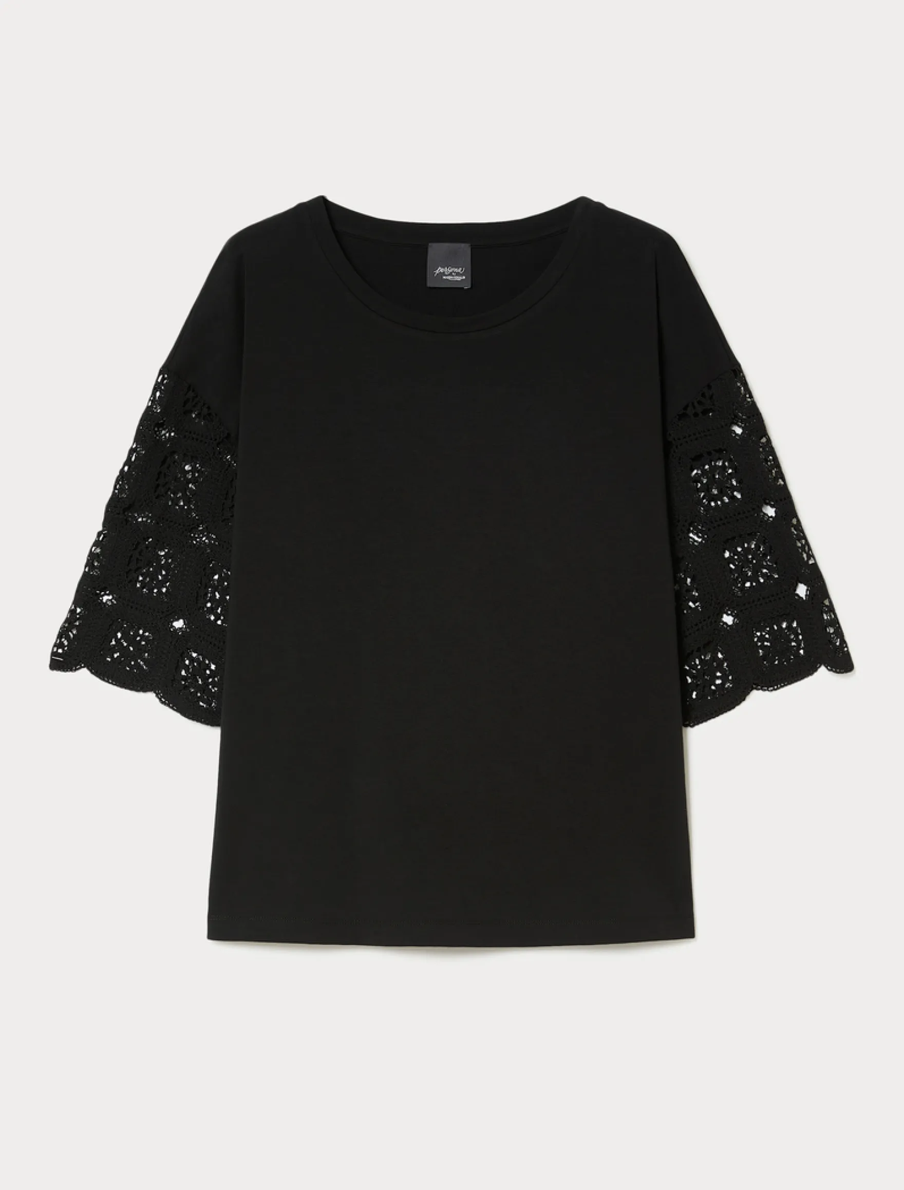 T-shirt in jersey di cotone e crochet - NERO
