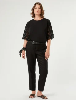 T-shirt in jersey di cotone e crochet - NERO
