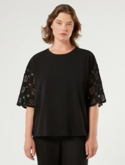 T-shirt in jersey di cotone e crochet - NERO