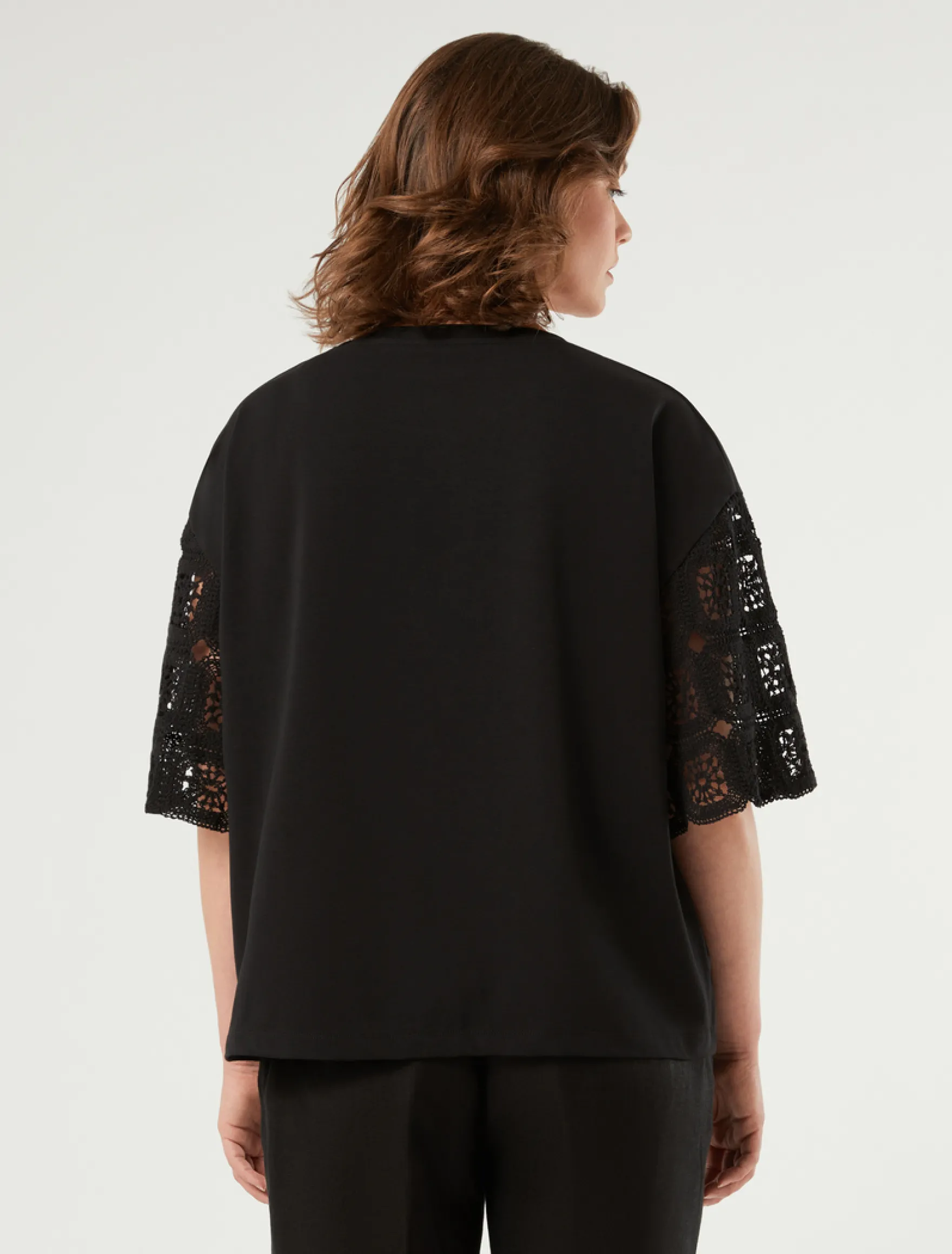 T-shirt in jersey di cotone e crochet - NERO