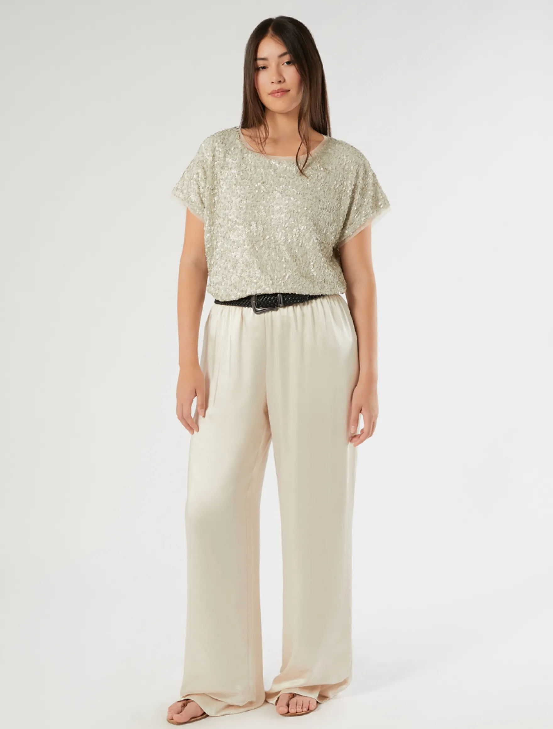 T-shirt in rete con paillettes - SABBIA